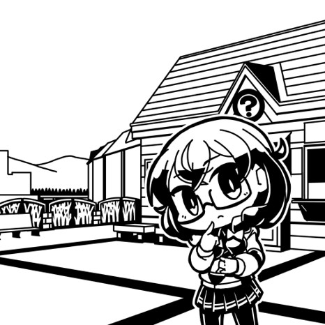 1girl ? bench bow braid building cevio chibi closed_mouth commentary_request crossed_bangs feet_out_of_frame finger_to_own_chin frown glasses greyscale hair_bow hair_over_shoulder hanakuma_chifuyu head_tilt index_finger_raised jacket long_hair long_sleeves looking_at_viewer low_twin_braids lowres monochrome mountainous_horizon moyasiwhite otaru_(hokkaido) outdoors pantyhose pleated_skirt railing real_world_location second-party_source skirt solo standing synthesizer_v twin_braids