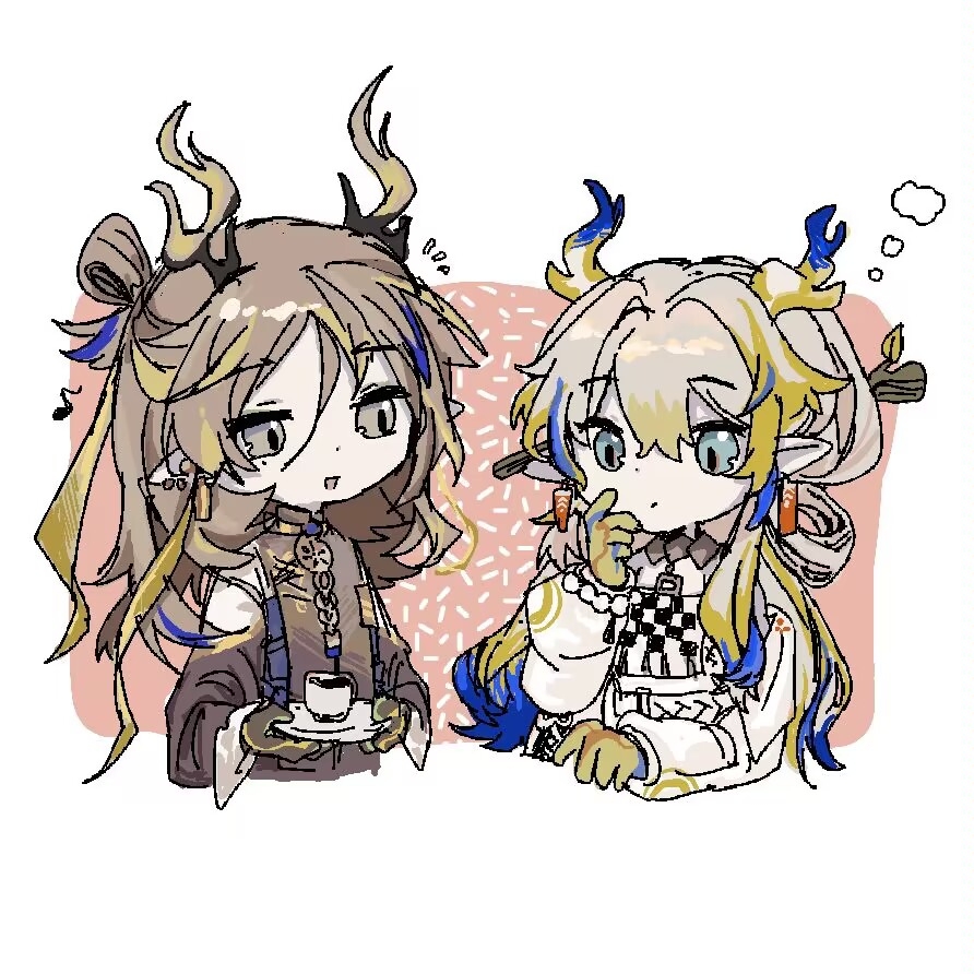 2girls :d arknights blue_hair brown_eyes brown_gloves brown_hair character_request chibi collared_shirt cropped_torso cup ear_piercing earrings eighth_note gloves grey_eyes hair_between_eyes holding holding_saucer horns jewelry long_hair long_sleeves mole mole_under_eye multicolored_hair multiple_girls musical_note piercing pointy_ears saucer shirt shu_(arknights) smile streaked_hair sulfurrr upper_body white_background white_shirt