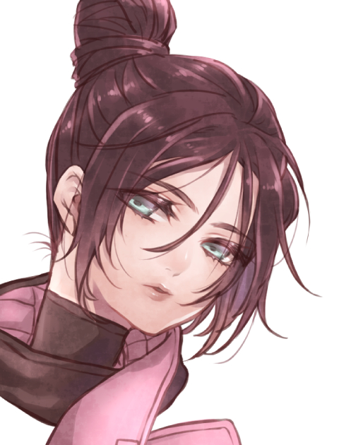 1girl animification apex_legends black_hair blue_eyes hair_behind_ear hair_between_eyes hair_bun jun_(junxjunx) looking_to_the_side official_alternate_costume parted_lips portrait simple_background single_hair_bun solo void_specialist_wraith white_background wraith_(apex_legends)