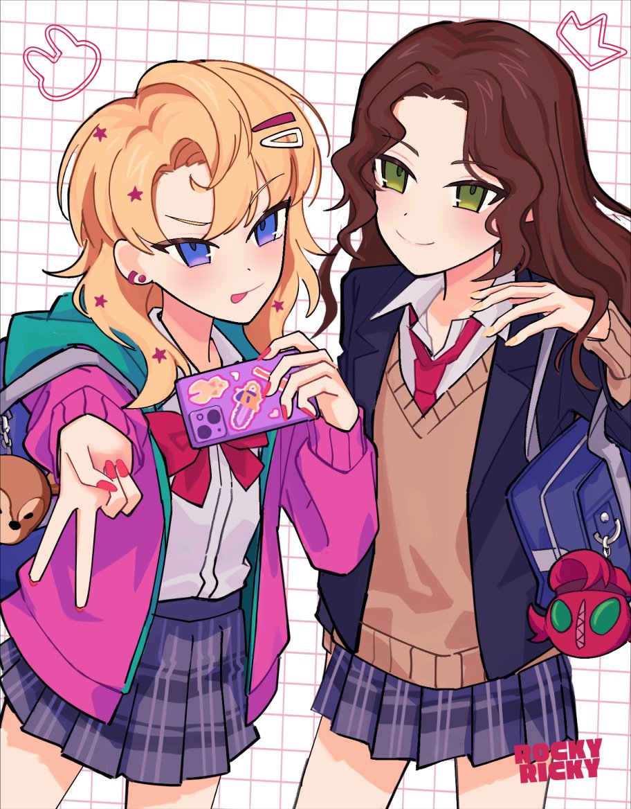 2girls :p anne_(reverse:1999) bag bag_charm blonde_hair blonney blue_bag blue_jacket blue_skirt bow bowtie brown_hair brown_vest charm_(object) closed_mouth collared_shirt cowboy_shot green_eyes grid_background gyaru_v hair_ornament hairclip hand_up hands_up holding holding_phone hood hooded_jacket jacket looking_at_viewer miniskirt multiple_girls necktie outstretched_arm phone pink_jacket plaid plaid_skirt pleated_skirt red_bow red_bowtie red_nails red_necktie reverse:1999 rocky_ricky school_bag school_uniform shirt shirt_tucked_in skirt smile star_(symbol) star_hair_ornament sweater_vest tongue tongue_out v v-shaped_eyebrows vest violet_eyes white_shirt