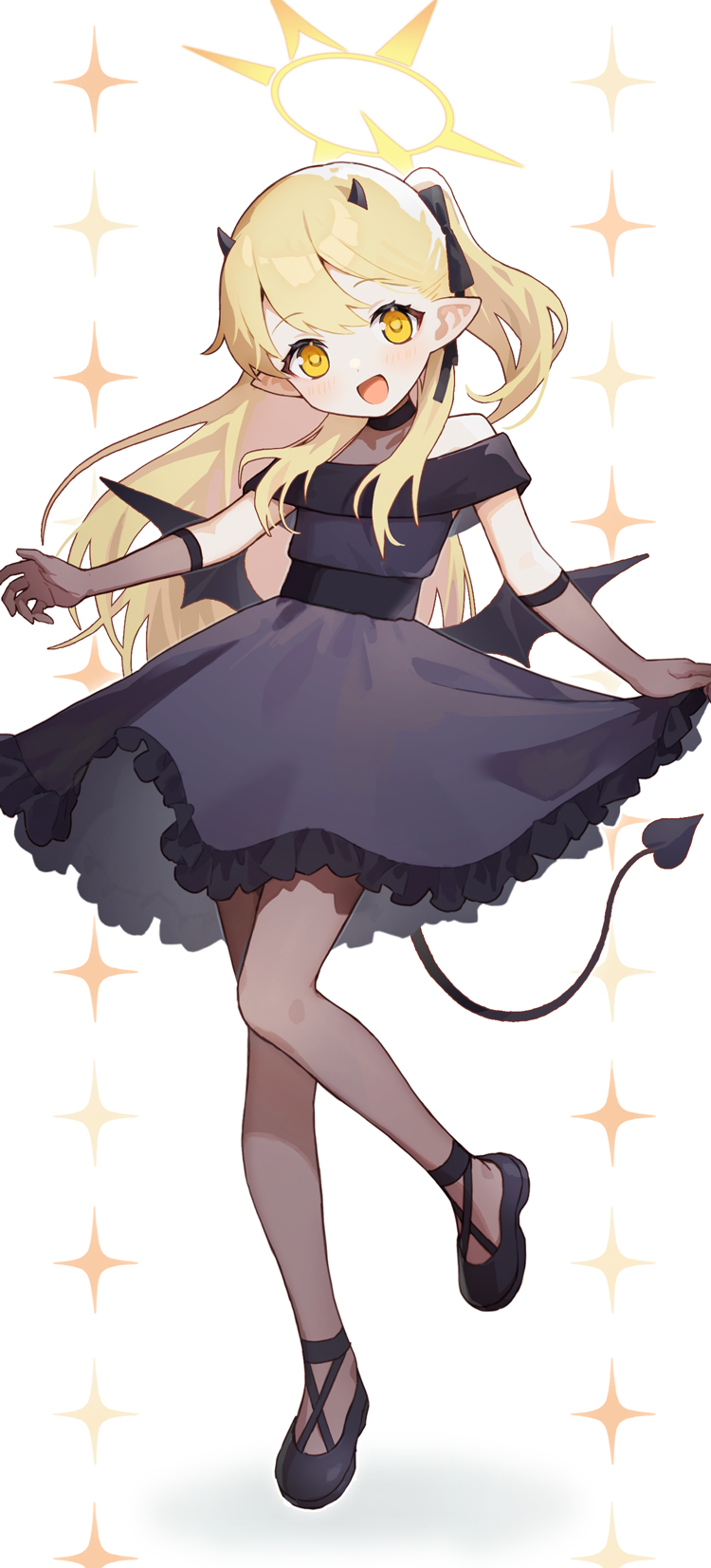 1girl :d bare_shoulders black_dress black_footwear black_gloves black_horns black_pantyhose black_tail black_wings blonde_hair blue_archive commentary demon_girl demon_horns demon_wings dress elbow_gloves evening_gown full_body gloves hair_between_eyes hakasesuitchi halo highres horns ibuki_(blue_archive) ibuki_(dress)_(blue_archive) long_hair looking_at_viewer low_wings official_alternate_costume one_side_up open_mouth pantyhose pointy_ears shadow skirt_hold smile solo sparkle_background white_background wings yellow_eyes yellow_halo