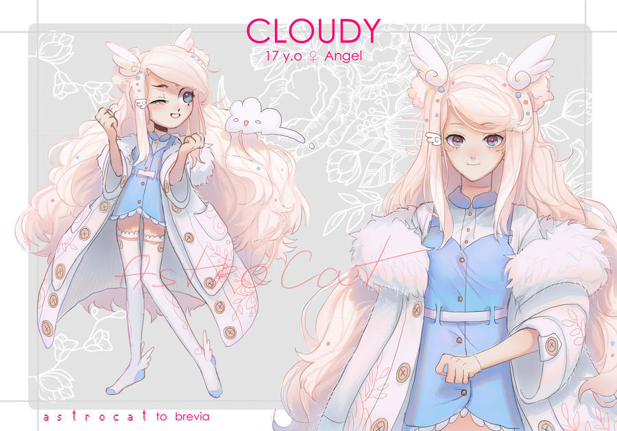 1girl adoptable angel artist_name astrocatsama beads belt blonde_hair blue_collar blue_dress blue_eyes border buttons character_age character_name clenched_hands closed_mouth clouds coat coat_partially_removed collar collared_shirt cowboy_shot double_bun dress english_text eyelashes floral_background full_body fur-trimmed_coat fur_trim grey_background grin hair_beads hair_bun hair_ornament lace-trimmed_dress lace-trimmed_thighhighs lace_trim light_blush long_hair long_sleeves looking_at_viewer mole mole_under_eye multiple_views navel one_eye_closed original reference_sheet shirt short_dress signature simple_background sleeveless sleeveless_dress smile spaghetti_strap thigh-highs venus_symbol very_long_hair white_belt white_border white_coat white_shirt white_sleeves white_thighhighs wide_sleeves wing_hair_ornament winged_legs