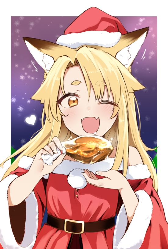 1girl animal_ear_fluff animal_ears ariyoshi_gen asymmetrical_bangs bare_shoulders belt blonde_hair blurry blurry_background blush chicken_leg christmas detached_sleeves dress drooling fangs food fox_ears hat heart holding holding_food looking_at_viewer motion_lines open_mouth orange_eyes original paid_reward_available pom_pom_(clothes) santa_costume santa_hat skin_fangs smile solo sparkle strapless strapless_dress thick_eyebrows upper_body yue-chan