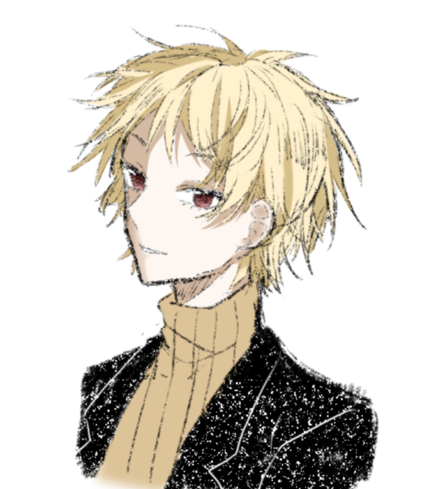 1boy atou_haruki black_jacket blonde_hair brown_sweater chaokuailedahuanxiang chinese_commentary commentary_request jacket male_focus open_clothes open_jacket red_eyes ribbed_sweater saibou_shinkyoku short_hair simple_background smile solo sweater turtleneck turtleneck_sweater white_background