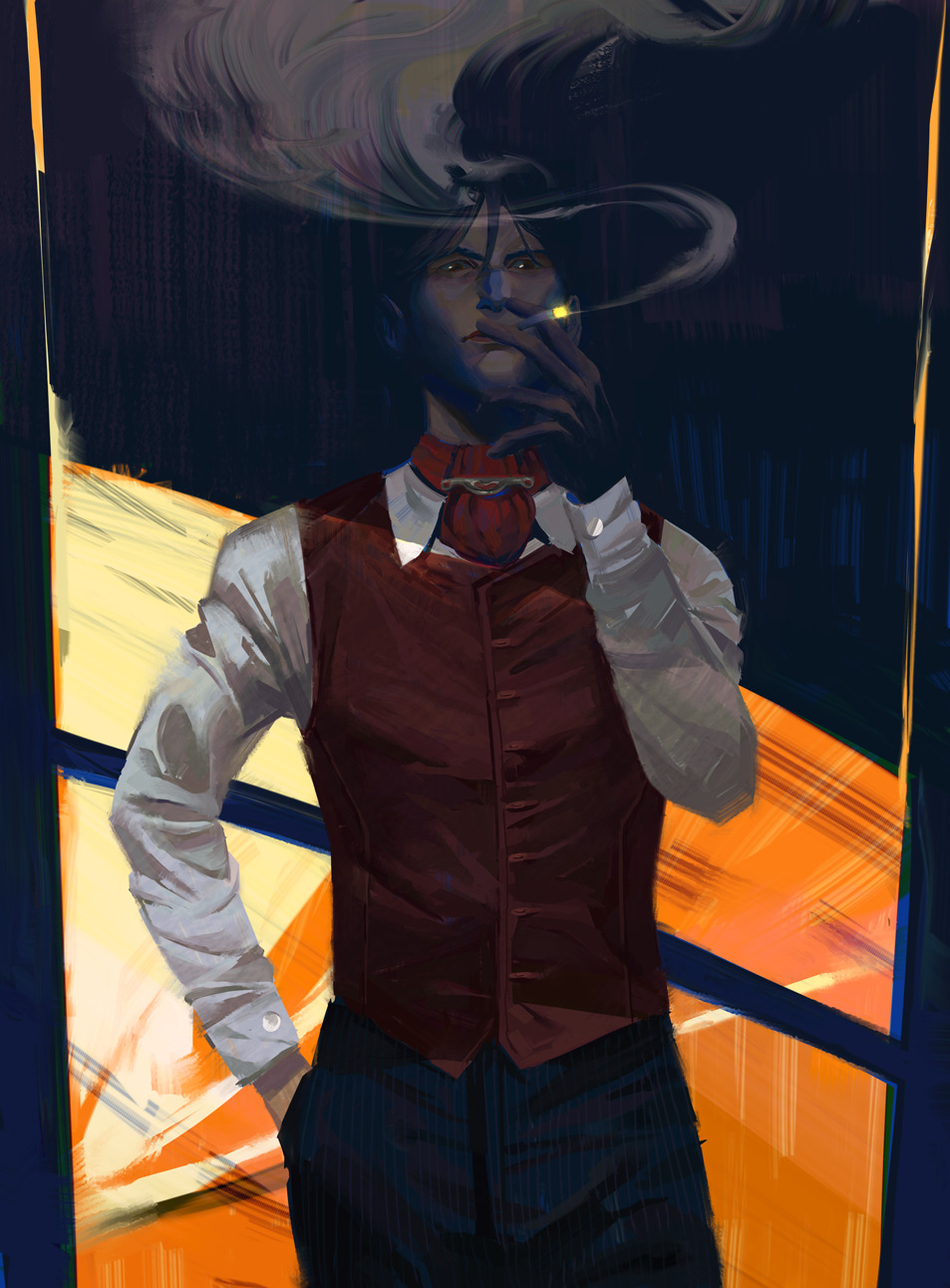 1boy abstract alyxwal ascot black_gloves cigarette cowboy_shot daniil_dankovsky face_in_shadow gloves hand_in_pocket highres holding holding_cigarette looking_at_viewer male_focus pathologic pathologic_2 red_ascot smoke solo waistcoat