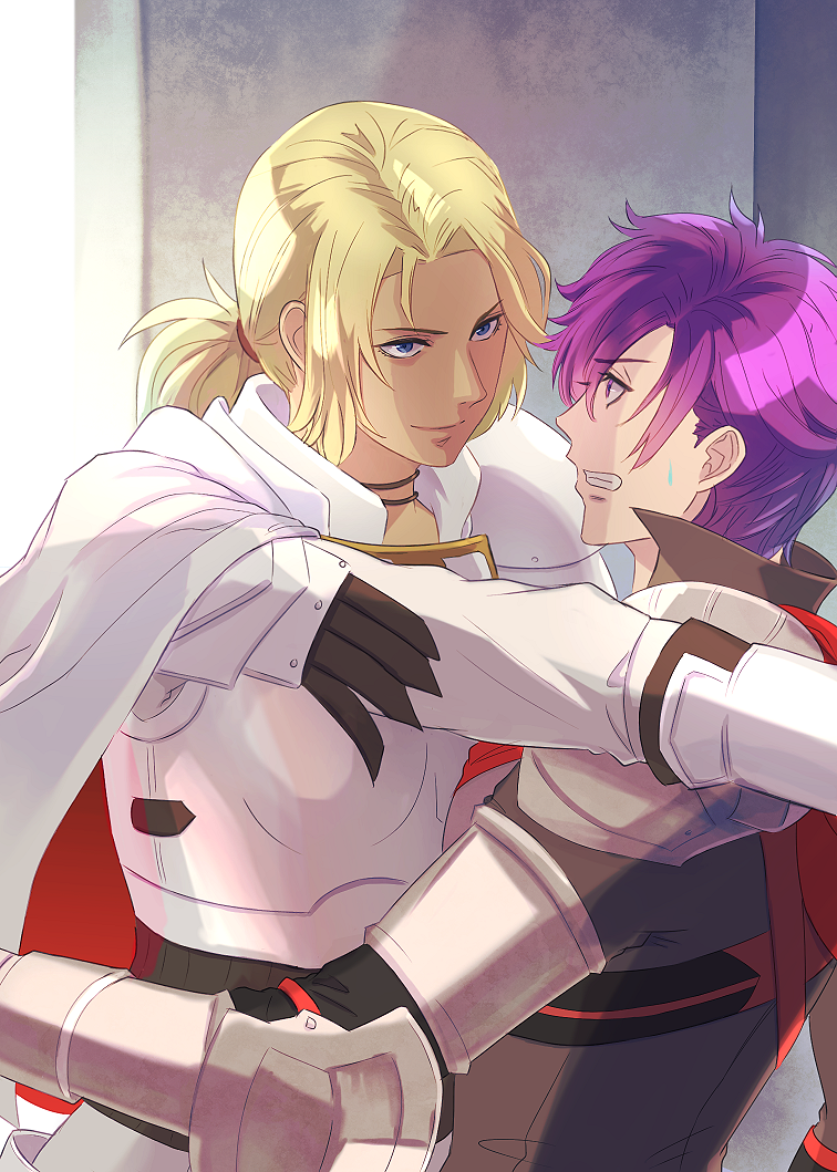 1boy 1girl against_wall blonde_hair catherine_(fire_emblem) clenched_teeth dark-skinned_female dark_skin fire_emblem fire_emblem:_three_houses fire_emblem_warriors:_three_hopes nervous outstretched_arm ponytail purple_hair riou_(pooh920) shez_(fire_emblem) shez_(male)_(fire_emblem) smile teeth violet_eyes you_gonna_get_raped