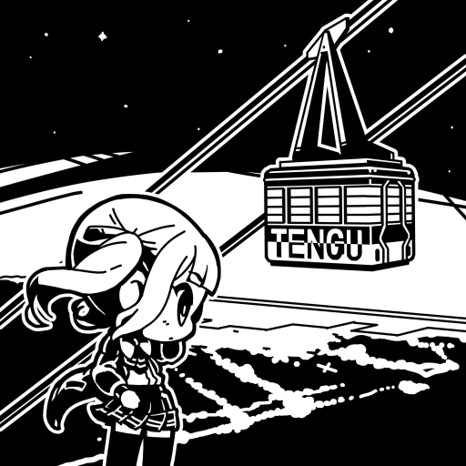 1girl blunt_bangs bow bowtie cable_car cevio chibi closed_mouth commentary_request expressionless feet_out_of_frame floating_hair greyscale hand_on_own_hip jacket long_hair long_sleeves lowres monochrome moyasiwhite natsuki_karin night open_clothes open_jacket otaru_(hokkaido) outdoors pleated_skirt profile real_world_location romaji_text second-party_source shirt_tucked_in skirt sky solo standing star_(sky) starry_sky synthesizer_v thigh-highs twintails wind