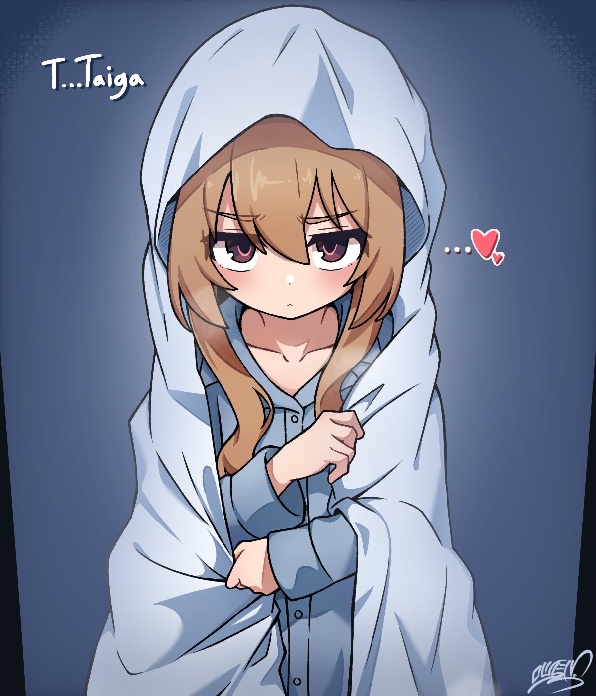 1girl aisaka_taiga blue_pajamas brown_eyes character_name cloak closed_mouth collarbone commentary dot_nose furrowed_brow hair_between_eyes hair_over_shoulder hand_up heart highres indoors koonowen light_brown_hair light_frown long_hair long_sleeves looking_at_viewer pajamas sidelocks signature solo spoken_heart toradora! upper_body wavy_hair white_cloak