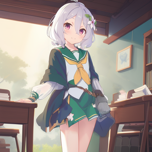1girl ai-generated alternate_costume bag blush closed_mouth coat flower hair_flower hair_ornament holding_table kokkoro_(princess_connect!) looking_to_the_side princess_connect! red_eyes school_uniform short_hair skirt solo wagase white_hair