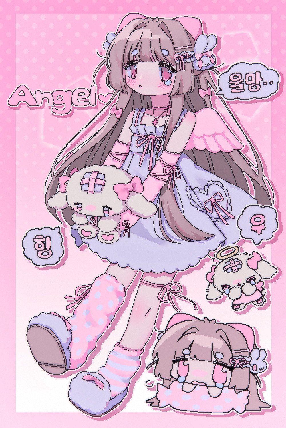 1girl angel_wings bare_shoulders blue_dress blush bow brown_hair chibi chibi_inset choker collarbone cross cross_necklace dress footwear_bow full_body gradient_background hair_bow hair_intakes hair_ornament hairclip halo heart highres holding holding_stuffed_toy jewelry korean_commentary korean_text metametmonmong necklace off-shoulder_dress off_shoulder open_mouth original outline pink_background pink_bow pink_eyes pink_leg_warmers pink_ribbon pink_sleeves pink_theme pink_wings polka_dot polka_dot_background rabbit_hair_ornament ribbon single_leg_warmer single_tear slippers socks solo speech_bubble striped_clothes striped_socks stuffed_animal stuffed_rabbit stuffed_toy white_background white_footwear white_outline wings