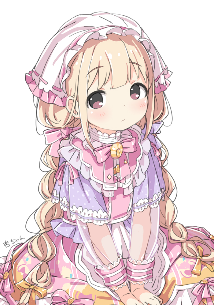 1girl alternate_hairstyle blonde_hair blush bow bowtie braid brown_eyes character_name closed_mouth dot_nose dress flat_chest frilled_dress frills futaba_anzu hair_bow hair_ribbon idolmaster idolmaster_cinderella_girls idolmaster_cinderella_girls_starlight_stage kuresuku_(lessons) lace-trimmed_dress lace_trim layered_dress long_hair long_sleeves looking_at_viewer low_twintails multicolored_clothes multicolored_dress orange_ribbon pink_bow pink_bowtie pink_headwear pink_ribbon purple_ribbon ribbon see-through see-through_sleeves simple_background solo twin_braids twintails very_long_hair white_background