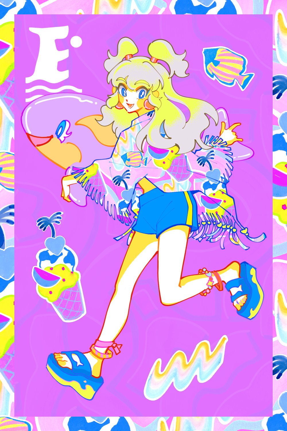 1990s_(style) 1girl :d animal ankleband blonde_hair blue_eyes blue_footwear blue_shorts blush_stickers border colorful commentary_request earrings fish fringe_trim full_body grey_hair heart highres holding innertube inuha_dog_wave jewelry leg_up long_hair long_sleeves looking_at_viewer open_mouth original pink_background pink_ribbon pink_shirt print_shirt retro_artstyle ribbon sandals shirt shorts smile solo swim_ring turning_head wavy_hair
