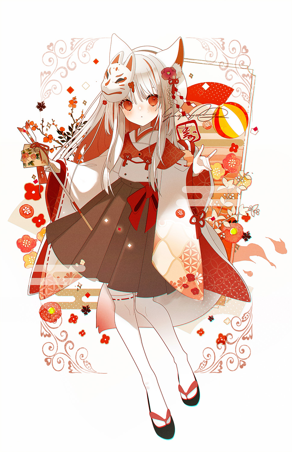 1girl animal_ear_fluff animal_ears arrow_(projectile) bell black_footwear blush brown_skirt closed_mouth commentary_request egasumi ema fox_ears fox_girl fox_mask fox_shadow_puppet fox_tail full_body grey_hair hamaya highres holding holding_arrow japanese_clothes jingle_bell kimono long_sleeves looking_at_viewer mask mask_on_head multicolored_hair original over-kneehighs pleated_skirt red_eyes redhead ribbon-trimmed_thighhighs sandals signature skirt solo tail thigh-highs two-tone_hair white_background white_kimono white_thighhighs wide_sleeves yuzuyomogi zouri