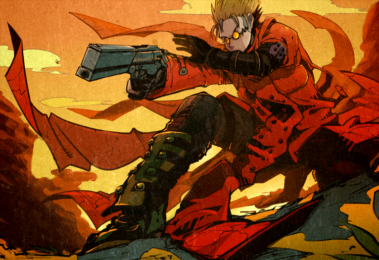 1boy aiming aqua_eyes black_gloves black_pants blonde_hair boots clip_studio_paint_(medium) coat cowboy_shot cowboy_western desert earrings elbow_pads gloves grin gun handgun high_collar holding holding_gun holding_weapon imo_su_p jewelry knee_pads long_coat looking_at_viewer male_focus pants red_coat revolver science_fiction smile spiky_hair squatting sunglasses sunlight sunset torn_clothes torn_coat trigun vash_the_stampede weapon