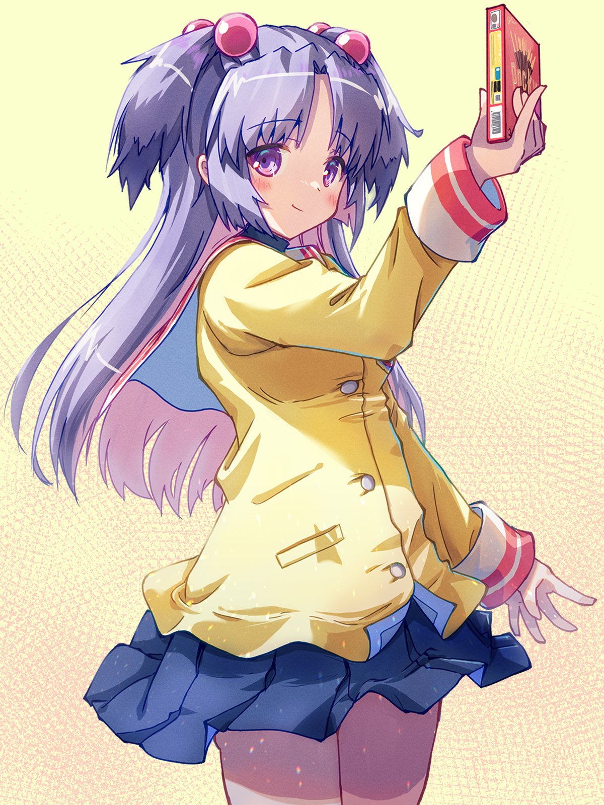 1girl akayama_yukihe arm_at_side blazer blue_hair blue_skirt blush clannad closed_mouth commentary cowboy_shot floating_clothes food hair_bobbles hair_ornament highres hikarizaka_private_high_school_uniform holding holding_food holding_pocky horns ichinose_kotomi jacket long_hair long_sleeves looking_at_viewer miniskirt parted_bangs pleated_skirt pocky school_uniform sheep_horns simple_background skirt smile solo straight_hair two_side_up violet_eyes yellow_background yellow_jacket