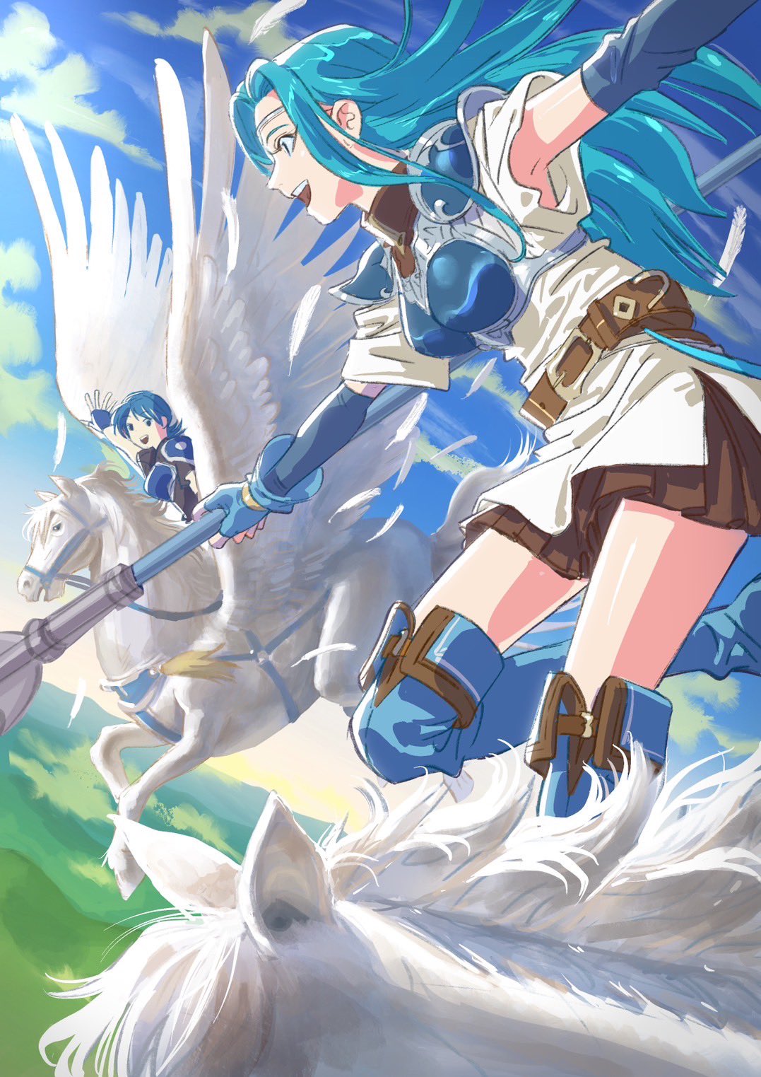 2girls armor belt blue_gloves blue_hair blue_sky breastplate brown_skirt circlet clouds commentary_request farina_(fire_emblem) fingerless_gloves fiora_(fire_emblem) fire_emblem fire_emblem:_the_blazing_blade flying gloves highres holding holding_polearm holding_weapon illustman_(u_ip8s) long_hair multiple_girls open_mouth pegasus pegasus_knight_uniform_(fire_emblem) polearm skirt sky smile standing teeth upper_teeth_only waving weapon white_fur white_wings wings
