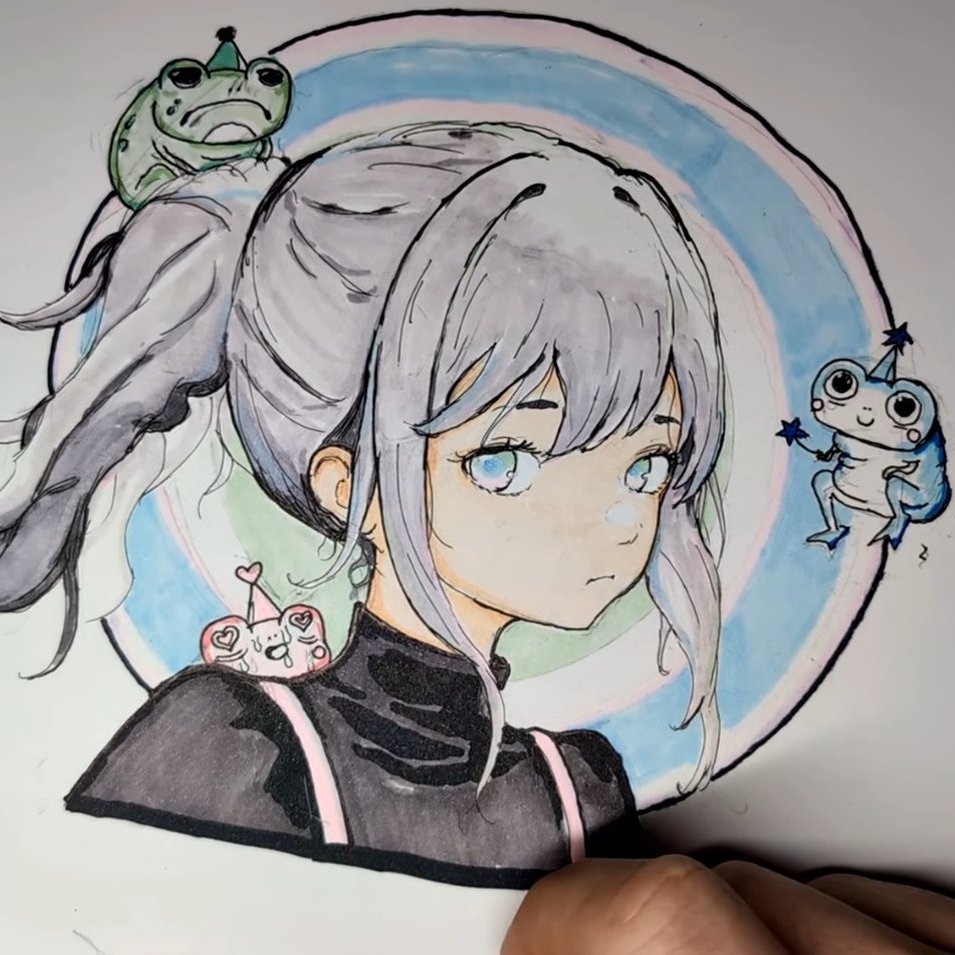 1girl artist's_hand_in_frame black_shirt blue_eyes closed_mouth cropped_shoulders frog grey_hair hat marker_(medium) non-web_source original party_hat pewdiepie ponytail screenshot shirt sidelocks tagme traditional_media