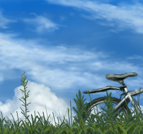 bicycle blue_sky clouds day drawfag grass lowres no_humans oekaki original outdoors plant sky