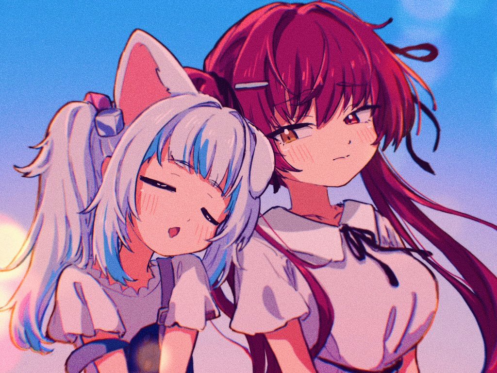 2girls animal_ears blue_hair blush breasts cat_ears closed_eyes collarbone collared_shirt cube_hair_ornament drooling film_grain frilled_shirt frills gawr_gura gawr_gura_(casual) grey_hair hair_intakes hair_ornament hairclip head_on_another's_shoulder heterochromia hololive hololive_english houshou_marine long_hair mouth_drool multicolored_hair multiple_girls neck_ribbon official_alternate_costume open_mouth red_eyes redhead ribbon shinkiro_(hololive) shirt short_sleeves side_ponytail sidelocks strap_slip streaked_hair suspenders twintails unya_(unyaunia) virtual_youtuber white_shirt yellow_eyes