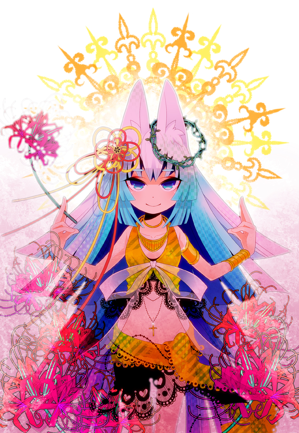 bad_id blue_eyes blue_hair cat_ears cross crown_of_thorns flower hair_ornament highres hime_cut jewelry midriff moonyan necklace original solo spider_lily