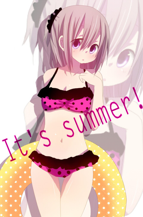 bikini chino innertube long_hair original pink_eyes silver_hair solo swimsuit zoom_layer