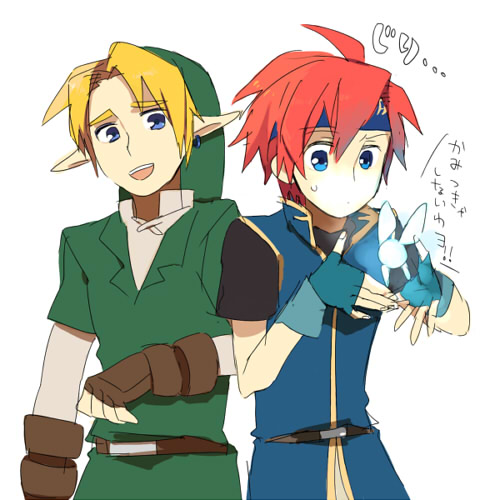earrings fairy fire_emblem fire_emblem:_fuuin_no_tsurugi fire_emblem_fuuin_no_tsurugi gloves hat headband jewelry link lowres navi nintendo pointy_ears red_hair redhead roy smile super_smash_bros. the_legend_of_zelda