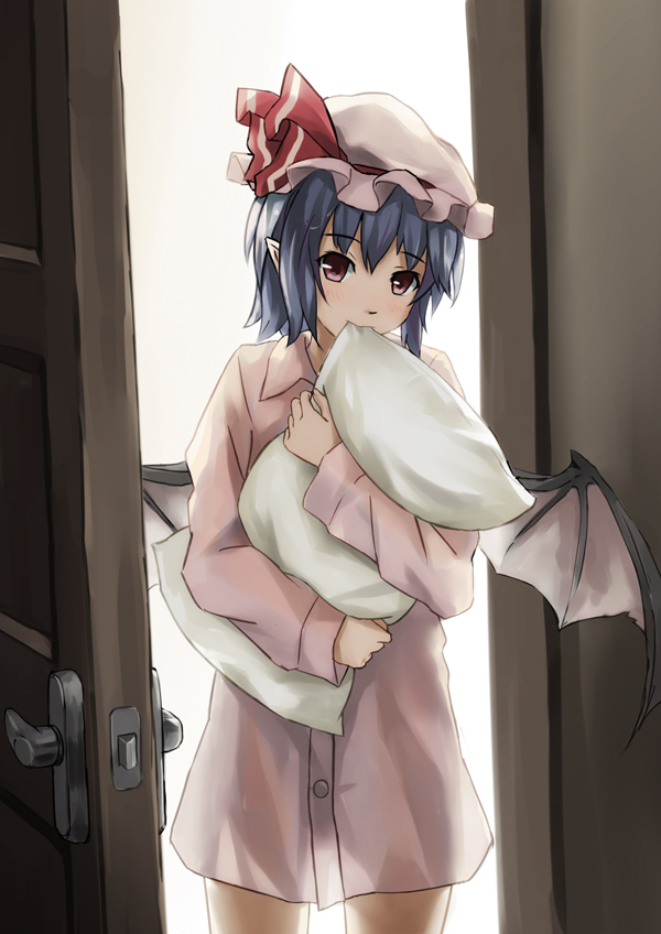 bat_wings biting blue_hair bottomless hat no_pants pillow pillow_bite pillow_hug pointy_ears red_eyes remilia_scarlet short_hair solo standing touhou wings xiao_qiang_(overseas)
