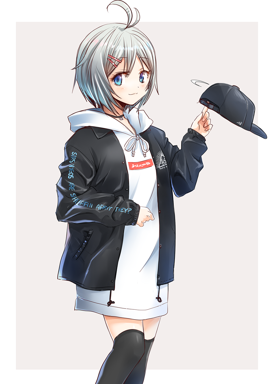 1girl antenna_hair bangs baseball_cap black_headwear black_jacket black_legwear blue_eyes blush closed_mouth clothes_writing commentary_request dennou_shoujo_youtuber_siro english_text eyebrows_visible_through_hair grey_background grey_hair hair_between_eyes hair_ornament hairclip hat hat_removed headwear_removed highres hood hood_down hoodie jacket long_sleeves looking_at_viewer motion_lines okiru open_clothes open_jacket siro_(dennou_shoujo_youtuber_siro) sleeves_past_wrists smile solo thigh-highs virtual_youtuber white_hoodie