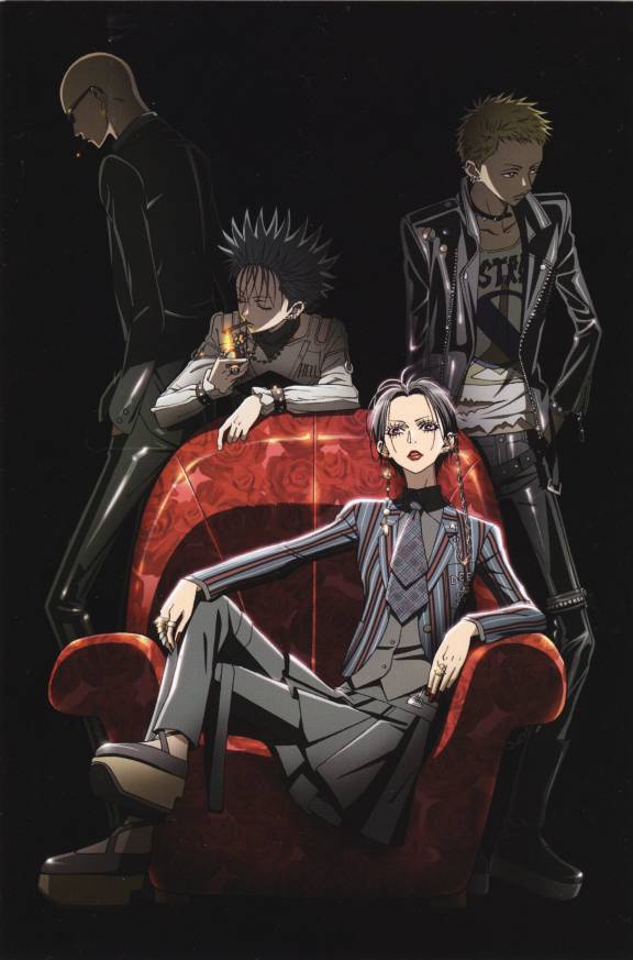 3boys chain chair dark everyone male nana necktie okazaki_shinichi osaki_nana punk short_hair skirt smoking striped takagi_yasushi terashima_nobu