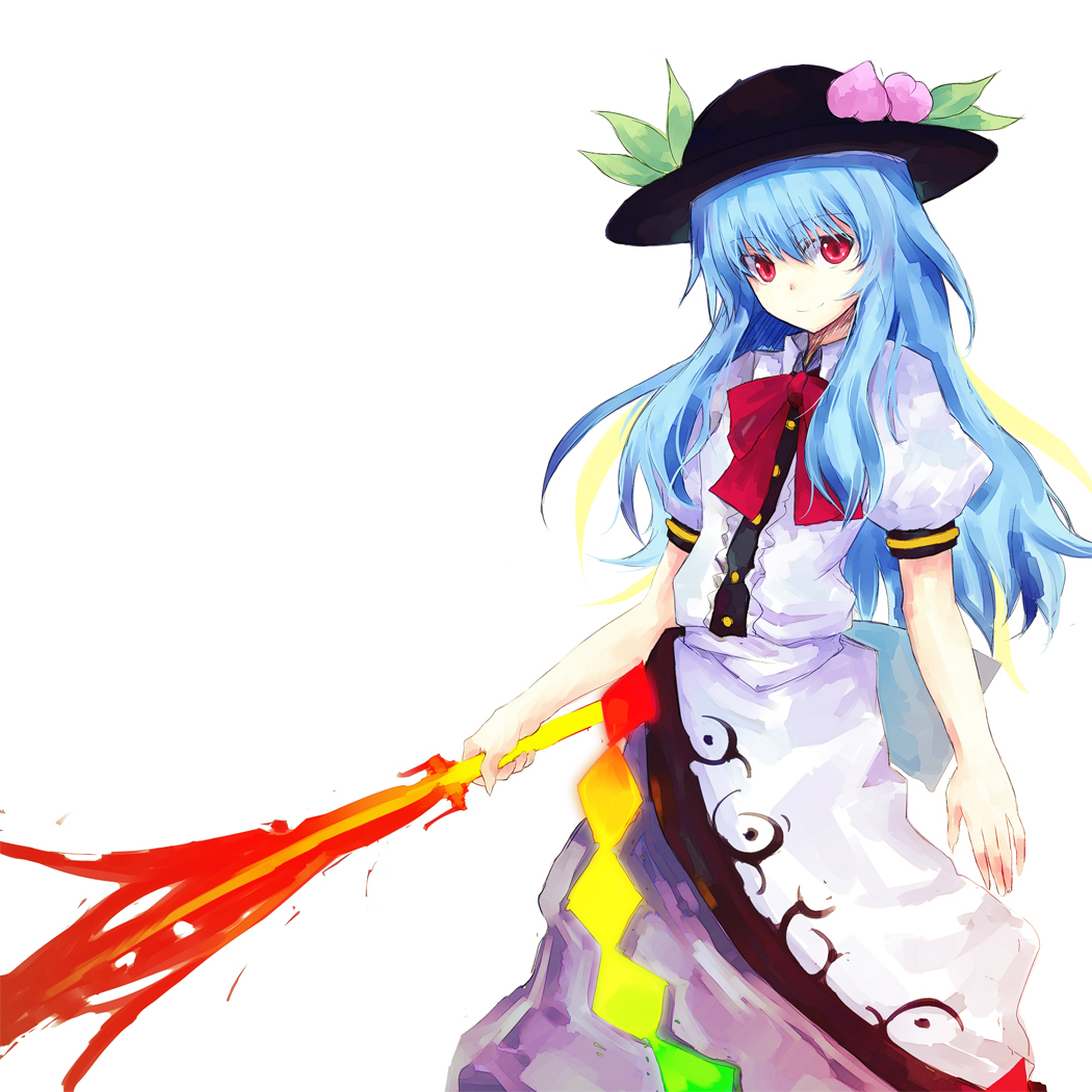 blue_hair food fruit hat hinanawi_tenshi peach red_eyes solo sword sword_of_hisou touhou weapon