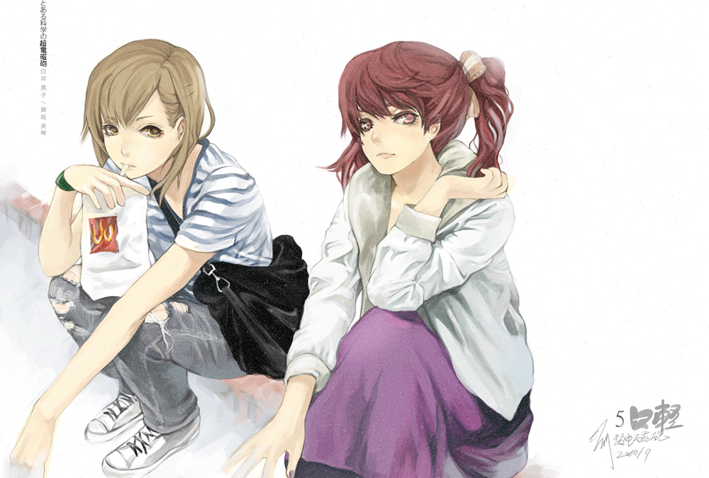 bag brown_eyes brown_hair casual drink e._t._liu e.t._liu jeans long_hair mcdonald's mcdonald's misaka_mikoto multiple_girls shirai_kuroko shoes short_hair sitting sneakers to_aru_kagaku_no_railgun to_aru_majutsu_no_index torn_clothes torn_jeans twintails