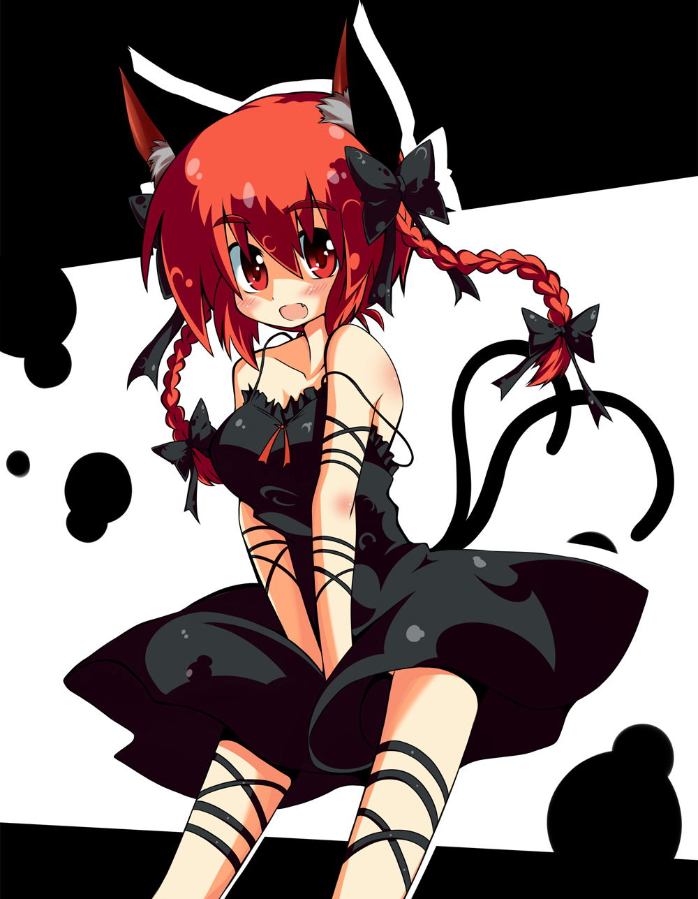 animal_ears braid breasts cat_ears cat_tail dress eyebrows fang gin_(shioyude) gin_946 hair_ribbon highres kaenbyou_rin multiple_tails open_mouth red_eyes red_hair redhead ribbon short_hair solo strap_slip tail touhou twin_braids twintails