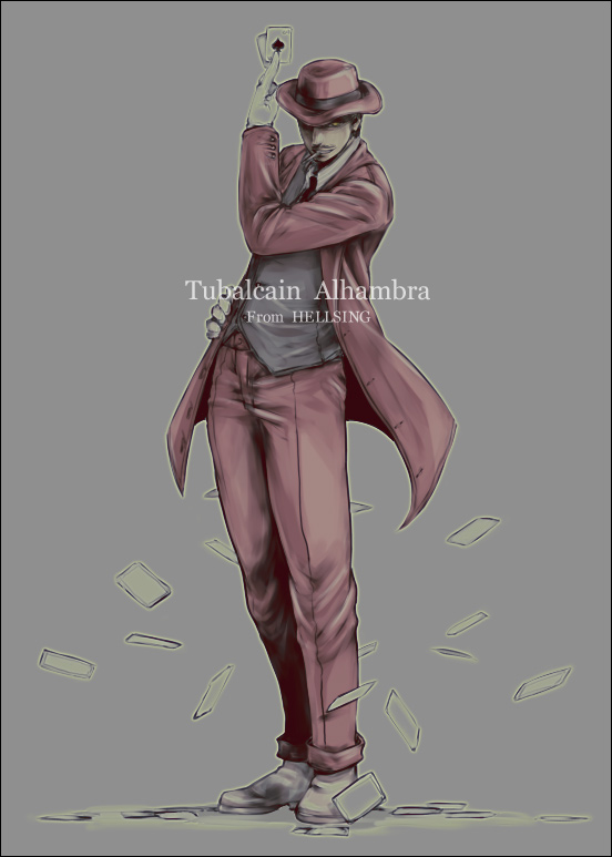1boy bad_id card cards character_name cigarette falling_card formal hat hellsing holding holding_card jacket kago1205 lying_card male necktie open_coat solo tubalcain_alhambra vest