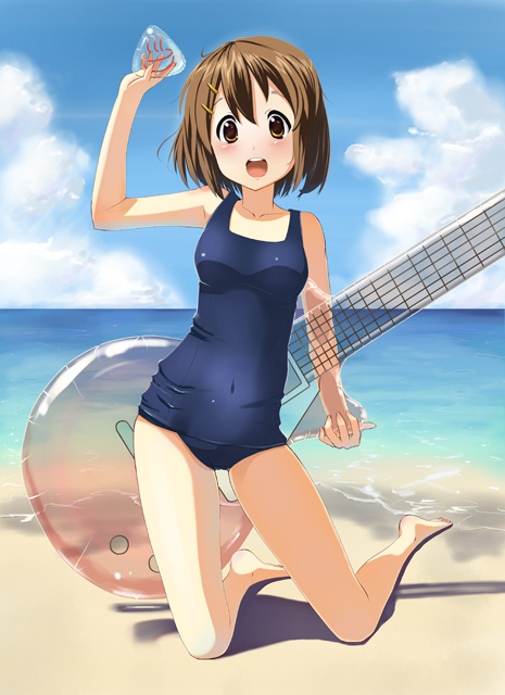 barefoot beach blush brown_eyes brown_hair guitar hirasawa_yui inflatable_toy instrument k-on! one-piece_swimsuit open_mouth plectrum school_swimsuit short_hair swimsuit