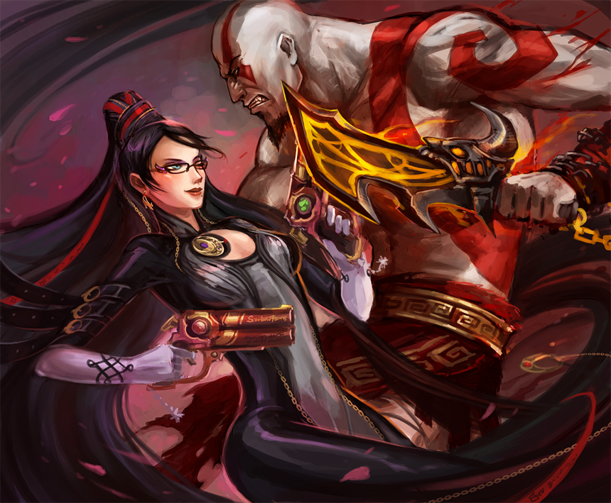 1girl amulet bayonetta bayonetta_(character) black_hair bodypaint bodysuit breasts brown_hair cleavage cleavage_cutout couple crossover dangerous_couple dual_wielding earrings elbow_gloves glasses gloves god_of_war green_eyes gun handgun jewelry kratos long_hair ponytail sandara smile sword weapon