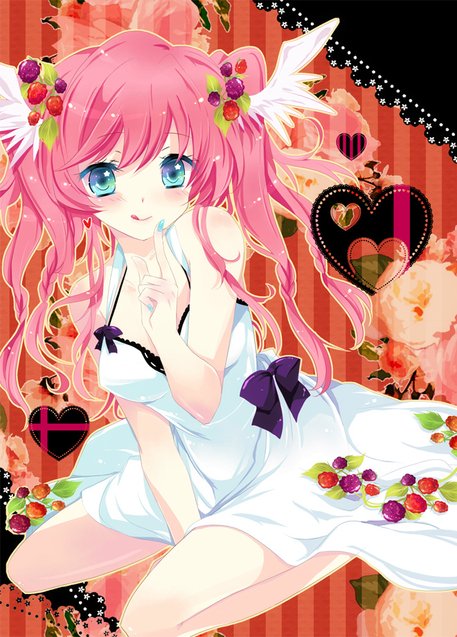 :p :q artist_request blue_eyes blueberry cranberry dress flower food food_as_clothes fruit head_wings heart ichiyou_moka manicure nail_polish original pink_hair raspberry ribbon solo source_request striped tongue wings