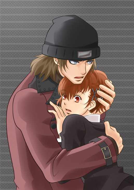 artist_request beanie blue_eyes brown_eyes brown_hair female_protagonist_(persona_3) hair_ornament hairclip hat hug kulalix persona persona_3 persona_3_portable school_uniform trench_coat trenchcoat