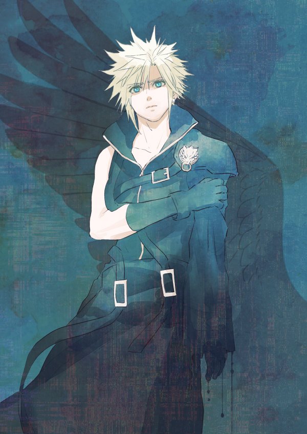 1boy armor belt black_wings blonde_hair blue_eyes closed_mouth cloud_strife commentary_request earrings final_fantasy final_fantasy_vii final_fantasy_vii_advent_children geostigma gloves holding_own_arm jewelry male_focus multiple_belts ringomell_ura short_hair shoulder_armor simple_background single_earring single_wing spiky_hair turtleneck wings zipper