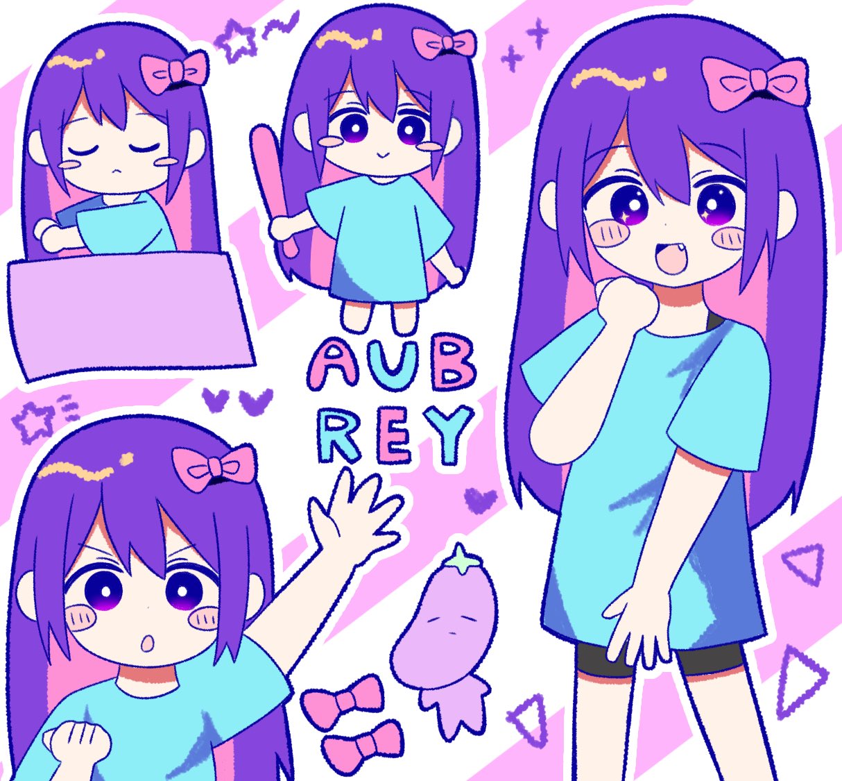 +_+ 1girl :&gt; :&lt; aqua_shirt aubrey_(headspace)_(omori) aubrey_(omori) barefoot baseball_bat blush_stickers bow bright_pupils character_name chibi child colored_skin fang female_child hair_bow hand_up heart holding holding_baseball_bat hoshidashiki long_hair looking_at_viewer mr._plantegg_(omori) omori open_mouth outline pink_background pink_bow purple_hair shirt sleeping smile solo sparkle standing star_(symbol) striped_background stuffed_toy tomboy triangle variations violet_eyes white_background white_outline white_pupils white_skin young