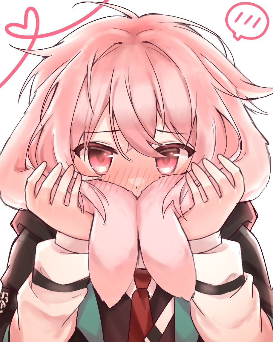 1boy animal_ears ansel_(arknights) arknights blush commentary crossed_bangs english_commentary heart holding_own_ears long_sleeves looking_at_viewer necktie nose_blush pink_eyes pink_hair rabbit_boy rabbit_ears red_necktie rinzy short_hair shy simple_background solo spoken_blush white_background