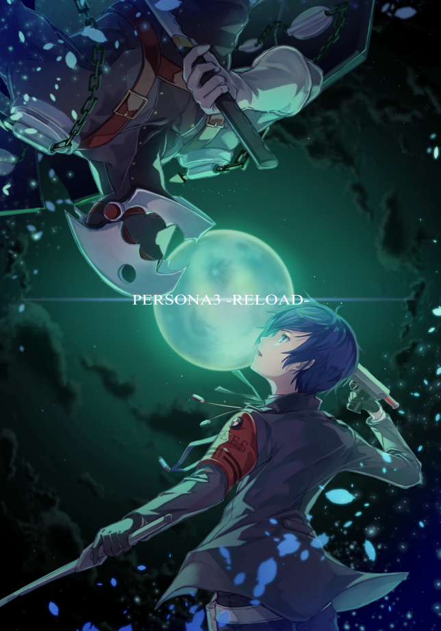 1boy 1other belt black_suit blue_hair clouds copyright_name fangs full_moon gloves gun holding holding_gun holding_sword holding_weapon moon night night_sky online_neet open_mouth persona persona_3 persona_3_reload short_hair skin_fangs sky suit sword thanatos_(persona) weapon white_gloves yuuki_makoto