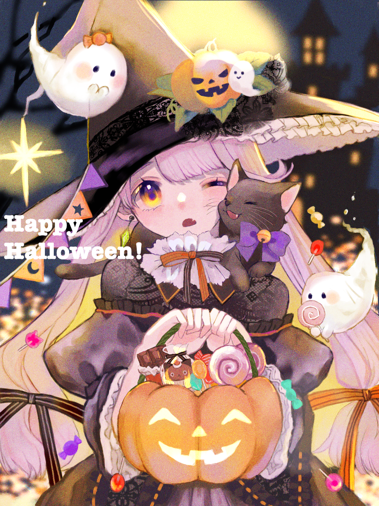 1girl animal animal_on_shoulder black_cat blurry blurry_background blush candy cat chocolate chocolate_bar dress earrings fang food frilled_hat frills ghost hair_ribbon halloween halloween_bucket happy_halloween hat hat_ornament high_collar holding ibispaint_(medium) jack-o'-lantern jack-o'-lantern_hat_ornament jewelry juliet_sleeves lollipop long_hair long_sleeves looking_at_viewer low-tied_long_hair neck_ribbon one_eye_closed open_mouth orange_eyes original puffy_sleeves ribbon shiina_(user_ecjx4545) solo star_(symbol) string_of_flags swirl_lollipop very_long_hair white_hair witch witch_hat wrapped_candy