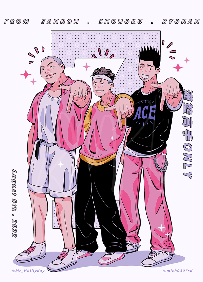 3boys black_hair brown_hair buzz_cut closed_eyes english_text full_body headband kawata_masashi looking_at_viewer male_focus mich0307sd miyagi_ryouta multiple_boys pointing pointing_down sendou_akira short_hair side-by-side simple_background slam_dunk_(series) smile sparkle spiky_hair translation_request undercut very_short_hair white_background