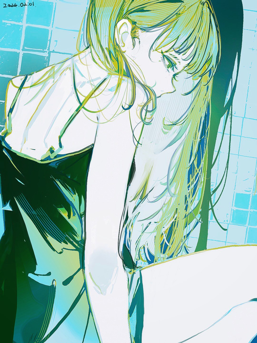 1girl bare_shoulders camisole dated dated_commentary from_behind green_eyes green_hair highres john_kafka long_hair original shadow solo spaghetti_strap