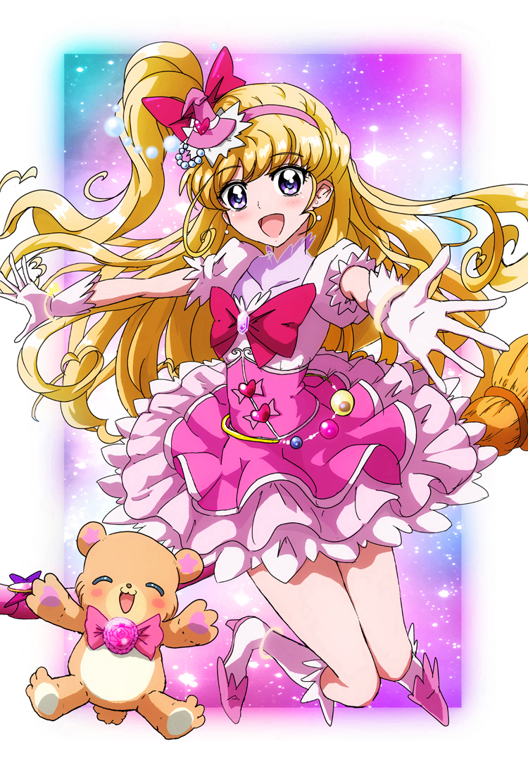 1girl asahina_mirai blonde_hair boots bow commentary cure_miracle dress dress_bow earrings floating frilled_dress frills futa-futa gloves hairband hat high_heel_boots high_heels jewelry light_particles long_hair looking_at_viewer magical_girl mahou_girls_precure! mini_hat mini_witch_hat mofurun_(mahou_girls_precure!) one_side_up pink_dress pink_hairband pink_headwear precure puffy_short_sleeves puffy_sleeves reaching reaching_towards_viewer short_dress short_sleeves solo stuffed_animal stuffed_toy teddy_bear two-tone_dress violet_eyes white_dress white_footwear white_gloves witch_hat