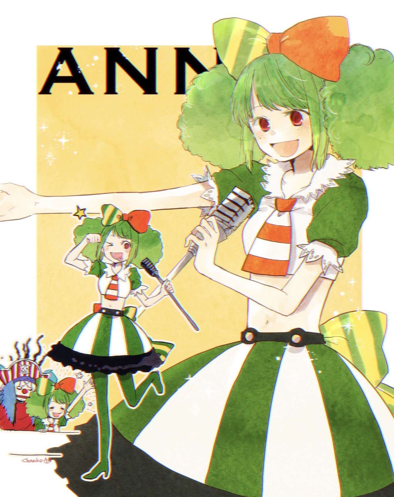 1boy 1girl ann_(one_piece) blunt_bangs border buggy_the_clown collared_shirt commentary_request crop_top green_hair green_pantyhose highres holding holding_microphone microphone multicolored_ribbon multiple_views necktie nekochanko1 one_piece one_piece:_stampede open_mouth pantyhose ribbon shirt sidelocks skirt smile standing standing_on_one_leg star_(symbol) striped_clothes striped_necktie striped_skirt twintails vertical-striped_clothes vertical-striped_skirt white_border