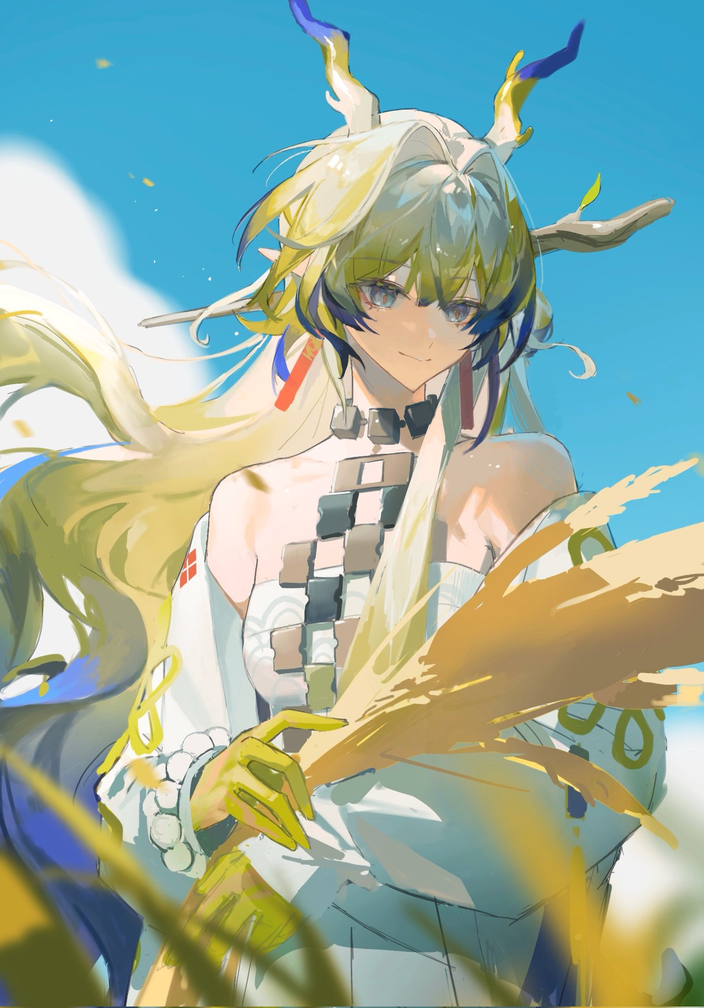 1girl arknights bare_shoulders blue_hair blue_sky blurry blurry_background closed_mouth clouds collarbone colored_skin cowboy_shot day dragon_girl dragon_horns falling_leaves floating_hair green_hair grey_hair hair_between_eyes hair_intakes heqing highres holding holding_plant horns jacket jewelry leaf long_hair long_sleeves looking_down multicolored_hair necklace off_shoulder open_clothes open_jacket outdoors pants plant rice_(plant) shirt shu_(arknights) sidelocks sky smile solo strapless strapless_shirt streaked_hair very_long_hair white_jacket white_pants white_shirt