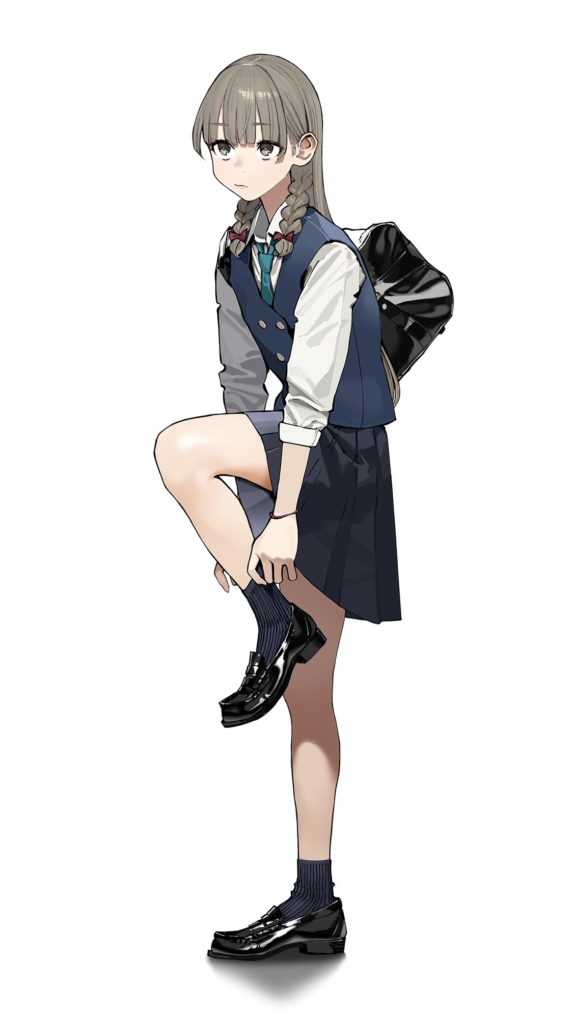 1girl aqua_bow aqua_bowtie bag black_bag black_footwear blue_skirt blue_socks blue_vest bow bowtie bracelet braid brown_eyes brown_hair closed_mouth collared_shirt commentary_request dress_shirt full_body hair_bow highres jewelry loafers long_hair original pleated_skirt red_bow school_uniform shirt shoes shoulder_bag side_braids simple_background skirt sleeves_past_elbows socks solo standing standing_on_one_leg vest white_background white_shirt yomu_(sgt_epper)