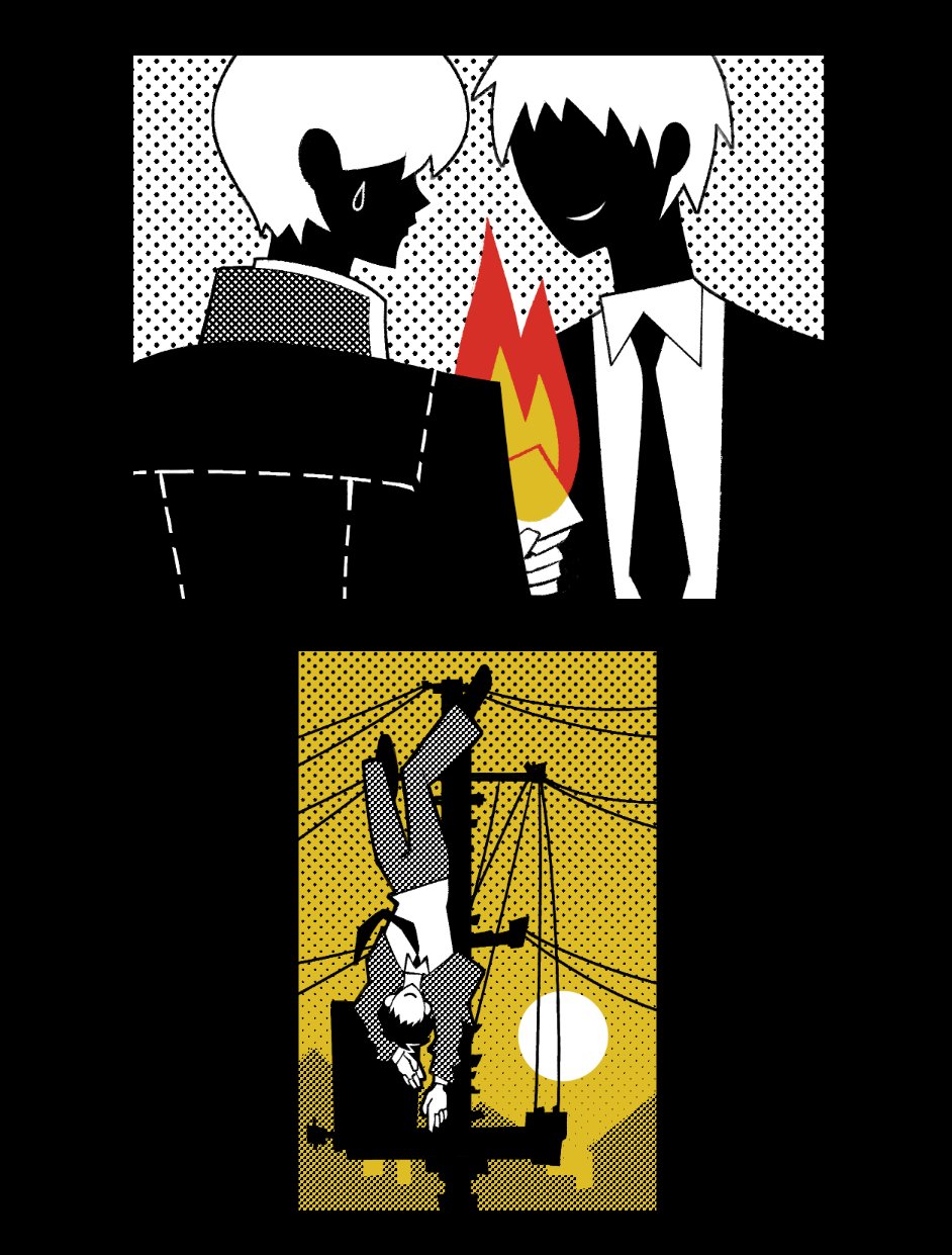 2boys adachi_tooru burning card check_spoilers collared_shirt commentary english_commentary faceless faceless_male facing_another fire halftone hand_up high_contrast highres holding holding_card jacket kirvias_(kirvia) long_sleeves multiple_boys multiple_views narukami_yuu necktie open_clothes open_jacket pants partially_colored persona persona_4 pose_imitation power_lines shirt short_hair sky spoilers suit suit_jacket sweatdrop tarot the_hanged_man_(tarot) upside-down utility_pole yellow_sky