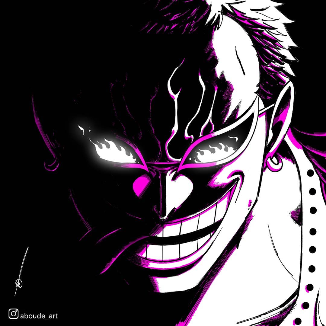 1boy aboude_art artist_name commentary donquixote_doflamingo earrings evil_smile hoop_earrings instagram_logo instagram_username jewelry limited_palette male_focus one_piece open_mouth short_hair signature smile solo sunglasses teeth tongue tongue_out